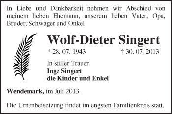 Traueranzeige von Wolf-Dieter Singert von Märkische Oderzeitung