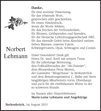 Traueranzeige von Norbert Lehmann von Märkische Oderzeitung