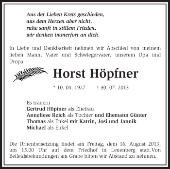 Traueranzeige von Horst Höpfner von Märkische Oderzeitung