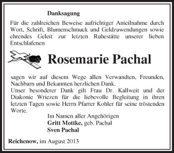 Traueranzeige von Rosemarie Pachal von Märkische Oderzeitung