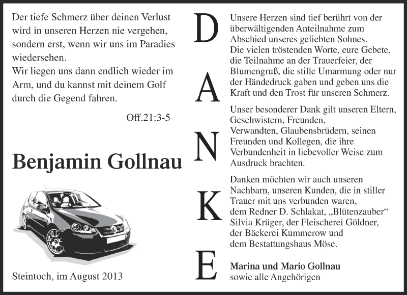  Traueranzeige für Benjamin Gollnau vom 03.08.2013 aus Märkische Oderzeitung