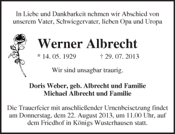 Traueranzeige von Werner Albrecht von Märkische Oderzeitung