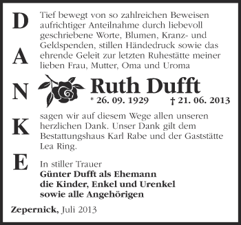 Traueranzeige von Ruth Dufft von Märkische Oderzeitung