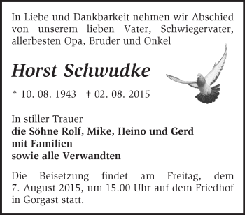 Traueranzeige von Horst Schwudke von Märkische Oderzeitung