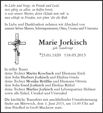 Traueranzeige von Marie Jorkisch von Märkische Oderzeitung