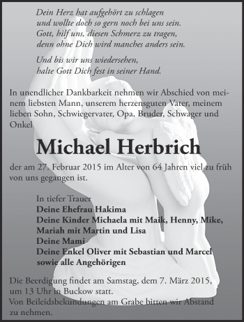 Traueranzeige von Michael Herbrich von Märkische Oderzeitung