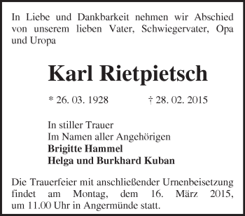 Traueranzeige von Karl Rietpietsch von Märkische Oderzeitung