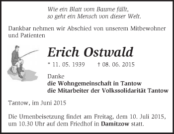 Traueranzeige von Erich Ostwald von Märkische Oderzeitung