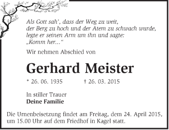 Traueranzeige von Gerhard Meister von Märkische Oderzeitung