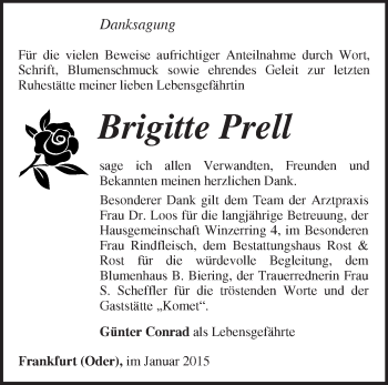 Traueranzeige von Brigitte Prell von Märkische Oderzeitung