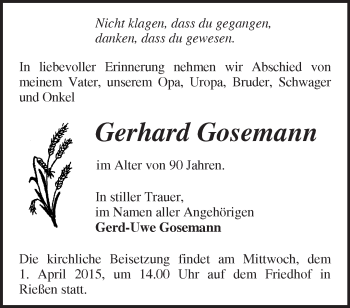 Traueranzeige von Gerhard Gosemann von Märkische Oderzeitung