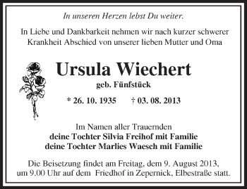 Traueranzeige von Ursula Wiechert von Märkische Oderzeitung