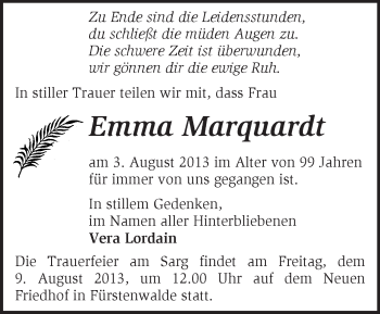 Traueranzeige von Emma Marquardt von Märkische Oderzeitung