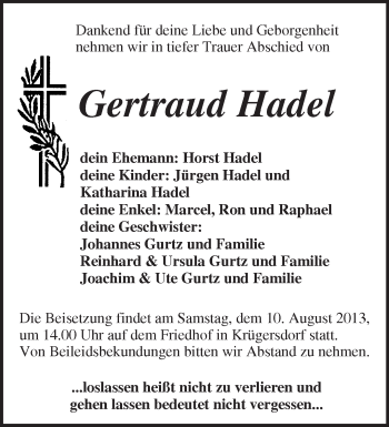 Traueranzeige von Gertraud Hadel von Märkische Oderzeitung