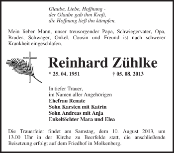 Traueranzeige von Reinhard Zühlke von Märkische Oderzeitung