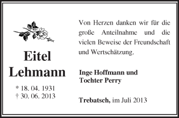 Traueranzeige von Eitel Lehmann von Märkische Oderzeitung