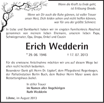 Traueranzeige von Erich Wedderin von Märkische Oderzeitung