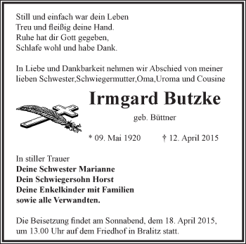 Traueranzeige von Irmgard Butzke von Märkische Oderzeitung