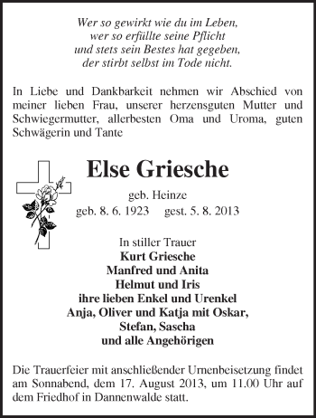 Traueranzeige von Else Griesche von Märkische Oderzeitung