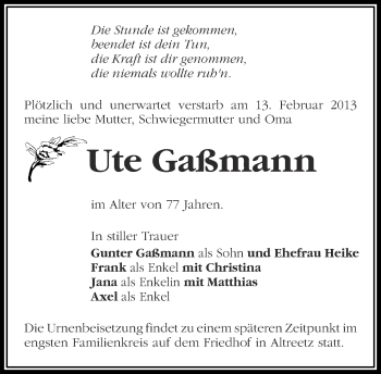 Traueranzeige von Ute Gaßmann von Märkische Oderzeitung