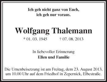 Traueranzeige von Wolfgang Thalemann von Märkische Oderzeitung