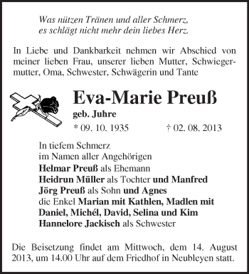 Traueranzeige von Eva-Marie Preuß von Märkische Oderzeitung