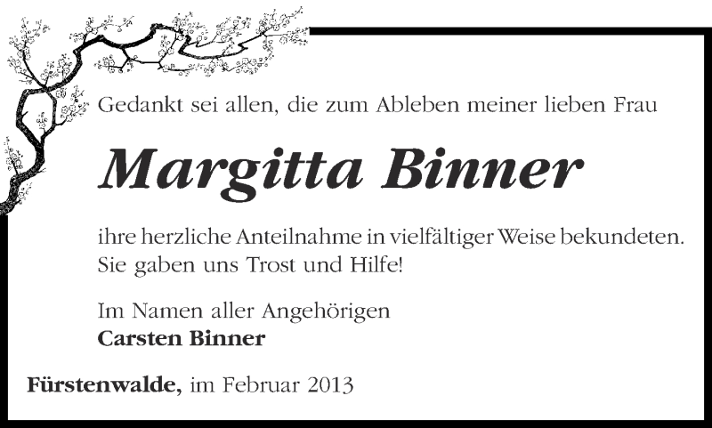  Traueranzeige für Margitta Binner vom 16.02.2013 aus Märkische Oderzeitung