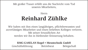 Traueranzeige von Reinhard Zühlke von Märkische Oderzeitung