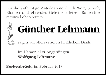 Traueranzeige von Günther Lehmann von Märkische Oderzeitung