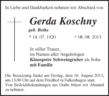 Traueranzeige von Gerda Koschny von Märkische Oderzeitung