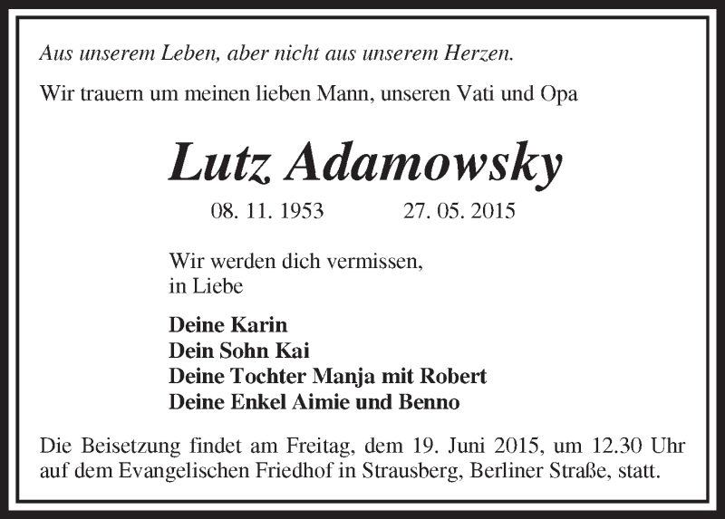  Traueranzeige für Lutz Adamowsky vom 06.06.2015 aus Märkische Oderzeitung