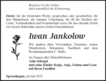 Traueranzeige von Iwan Jankolow von Märkische Oderzeitung