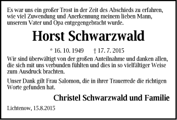 Traueranzeige von Horst Schwarzwald von Märkische Oderzeitung