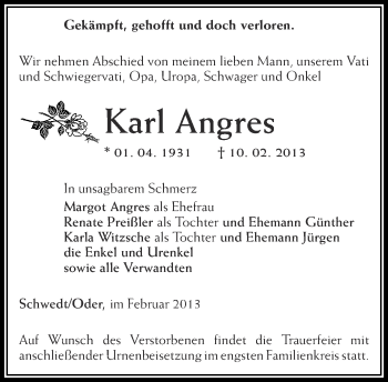 Traueranzeige von Karl Angres von Märkische Oderzeitung