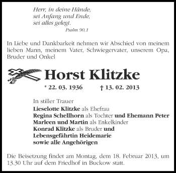 Traueranzeige von Horst Klitzke von Märkische Oderzeitung