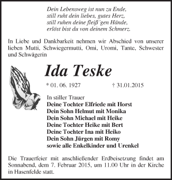 Traueranzeige von Ida Teske von Märkische Oderzeitung