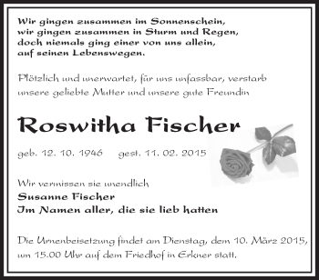 Traueranzeige von Roswitha Fischer von Märkische Oderzeitung