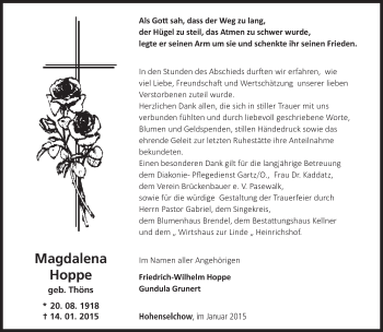 Traueranzeige von Magdalena Hoppe von Märkische Oderzeitung