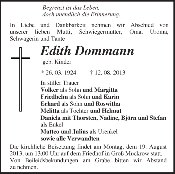 Traueranzeige von Edith Dommann von Märkische Oderzeitung