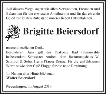 Traueranzeige von Brigitte Beiersdorf von Märkische Oderzeitung