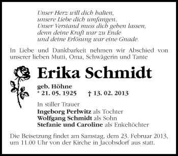 Traueranzeige von Erika Schmidt von Märkische Oderzeitung