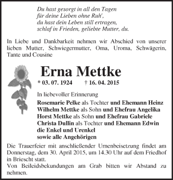 Traueranzeige von Erna Mettke von Märkische Oderzeitung