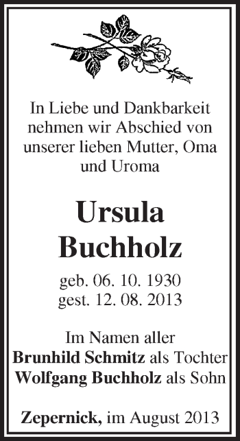 Traueranzeige von Ursula Buchholz von Märkische Oderzeitung