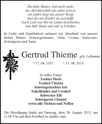 Traueranzeige von Gertrud Thieme von Märkische Oderzeitung