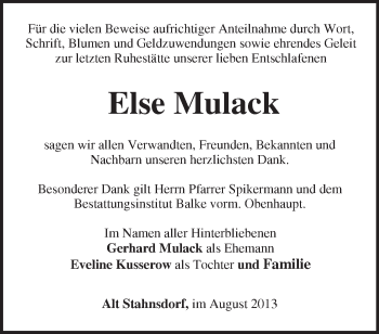 Traueranzeige von Else Mulack von Märkische Oderzeitung