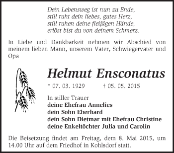 Traueranzeige von Helmut Ensconatus von Märkische Oderzeitung