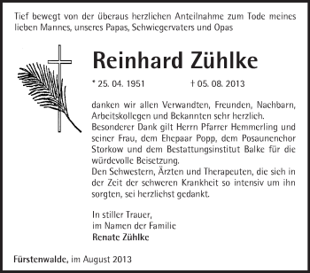 Traueranzeige von Reinhard Zühlke von Märkische Oderzeitung