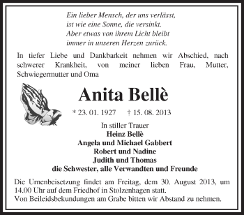 Traueranzeige von Anita Belle von Märkische Oderzeitung