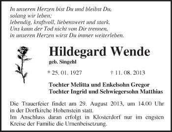 Traueranzeige von Hildegard Wende von Märkische Oderzeitung