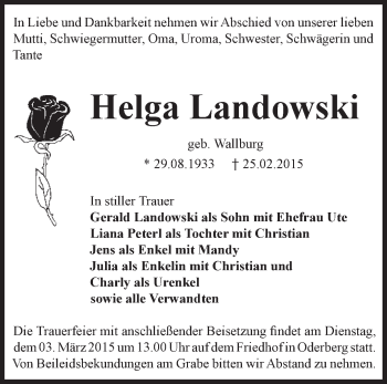 Traueranzeige von Helga Landowski von Märkische Oderzeitung